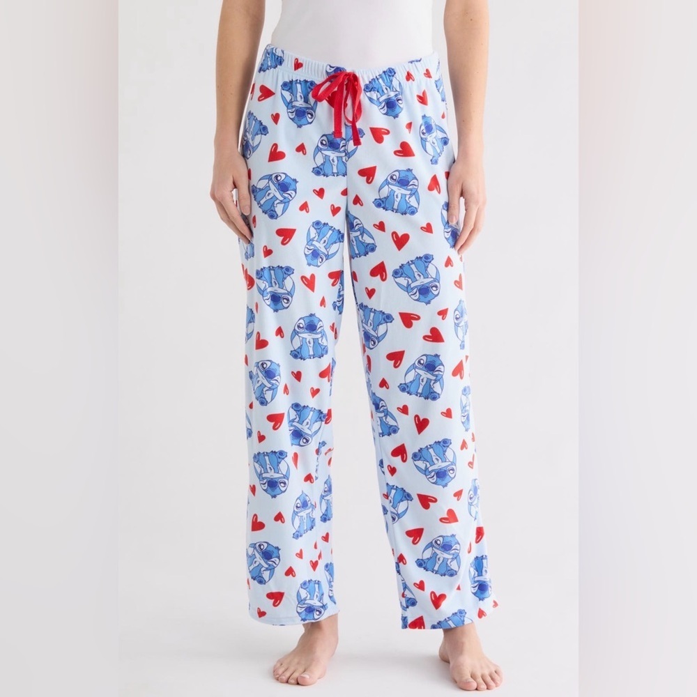 Disney Stitch Pajama Pants Women Size L Blue Hearts Lounge Sleepwear